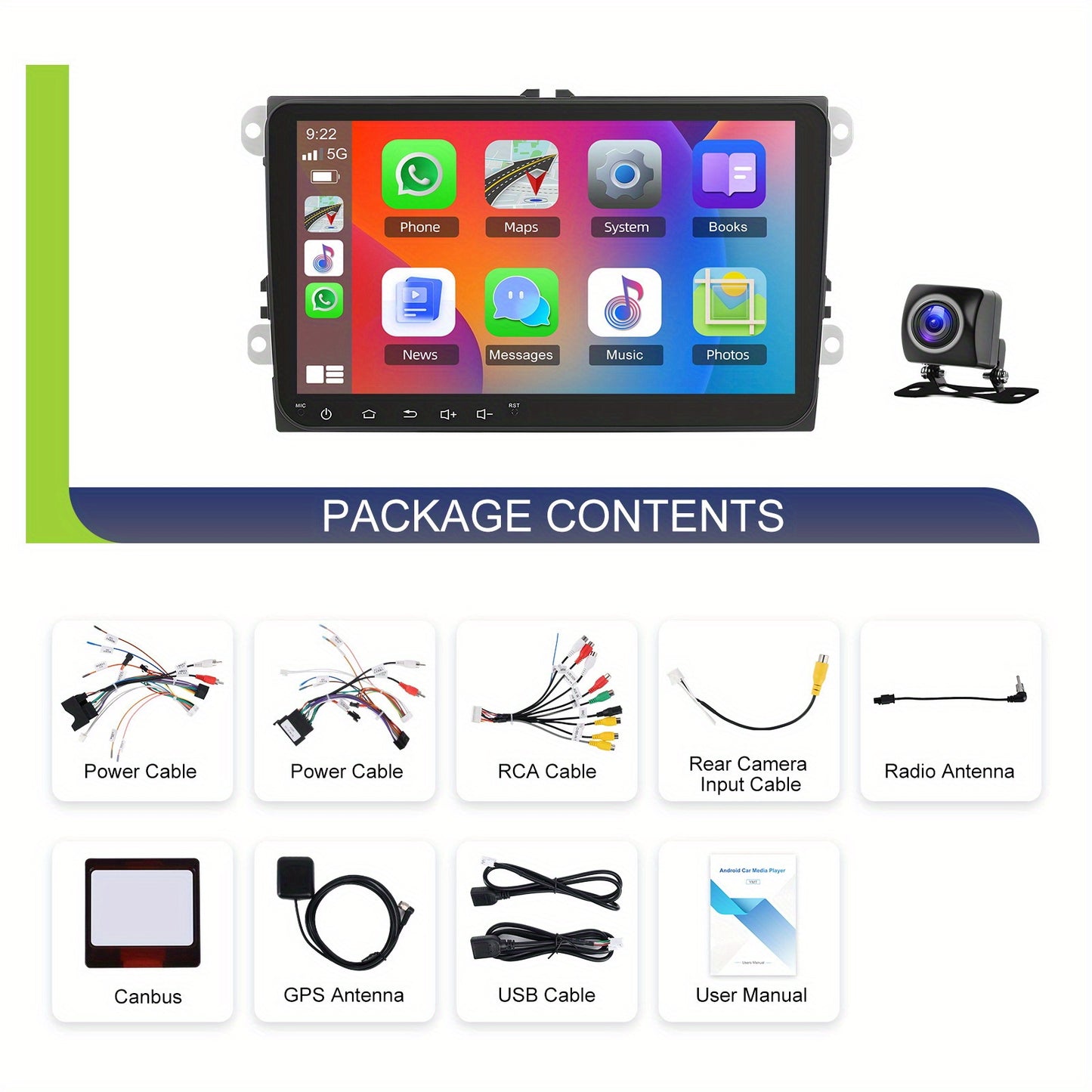PODOFO 22.86cm Android 15 Car Radio for VW Golf, Tiguan, Caddy, Touran, Seat - 8Core/4G, 64GB, Wireless CarPlay, GPS, WiFi, 2 USB Ports, AHD Reversing Camera, Split Screen, 4K Video Support, Vehicle Audio Upgrade, Modern Car
