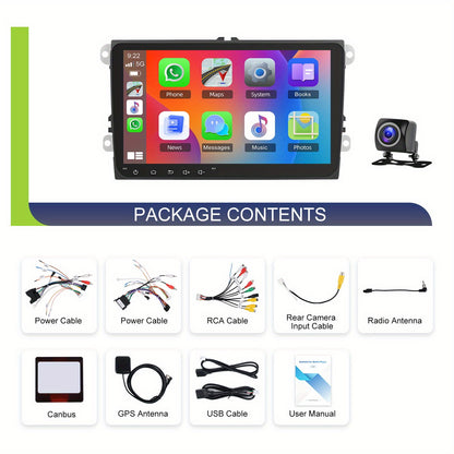 PODOFO 22.86cm Android 15 Car Radio for VW Golf, Tiguan, Caddy, Touran, Seat - 8Core/4G, 64GB, Wireless CarPlay, GPS, WiFi, 2 USB Ports, AHD Reversing Camera, Split Screen, 4K Video Support, Vehicle Audio Upgrade, Modern Car
