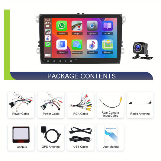 PODOFO 22.86cm Android 15 Car Radio for VW Golf, Tiguan, Caddy, Touran, Seat - 8Core/4G, 64GB, Wireless CarPlay, GPS, WiFi, 2 USB Ports, AHD Reversing Camera, Split Screen, 4K Video Support, Vehicle Audio Upgrade, Modern Car