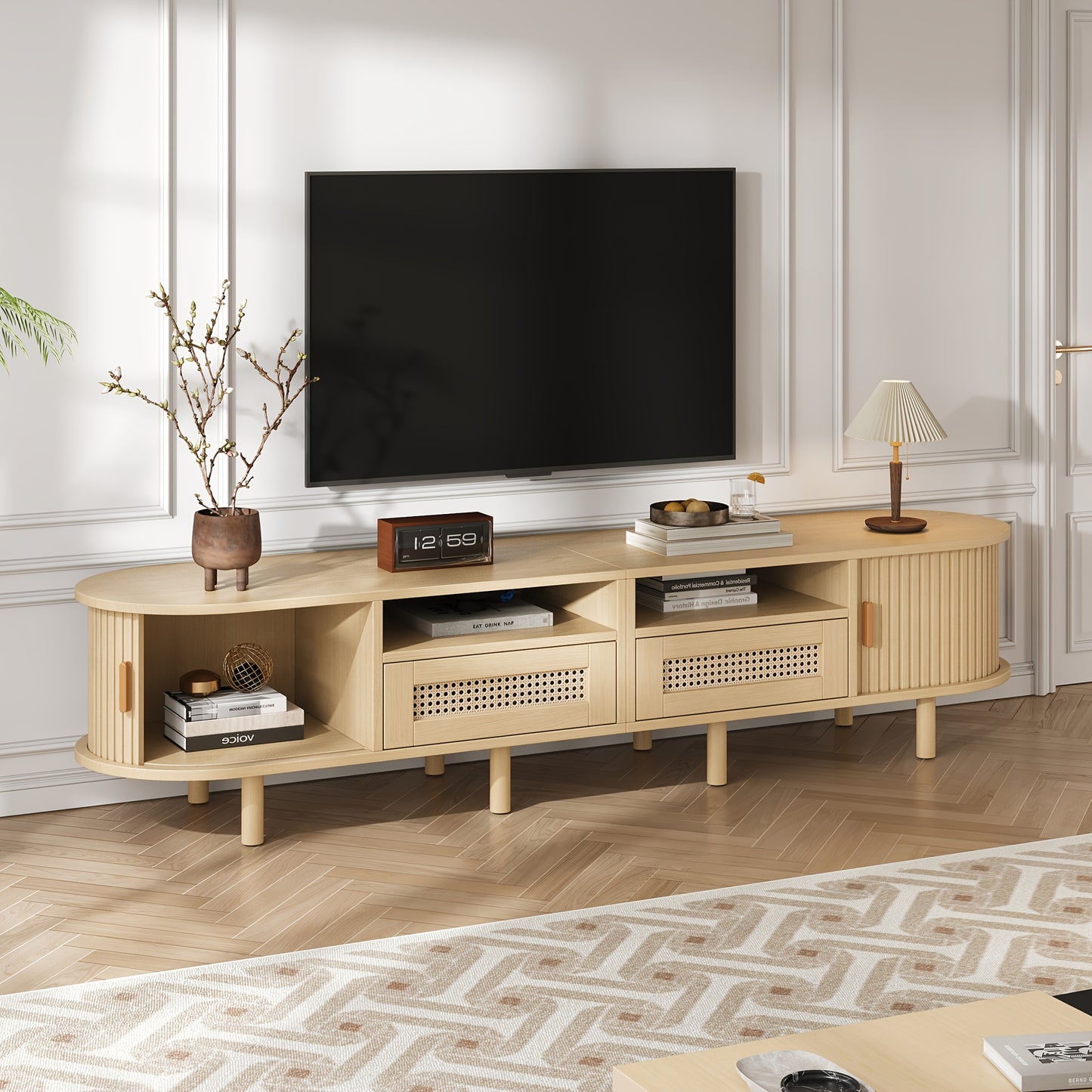 Tv-Meubel – Tv-Kast – Tv-Tafel – Dressoir – Media-Kast – Ovaal Design – 170x40x40 cm – 2 Rieten Lades & 2 Schuifdeuren – Geschikt Voor Tv Tot 70 Inch – Lichtgewicht Houtkleur