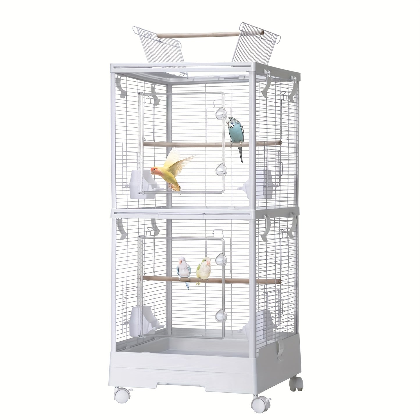 2-in-1 Travel Bird Cage & Playground Stand with 2-Level Parrot Carrier - 111.76cm White Portable Bird aviary for medium/small birds, Lockable Wheels, Removable Grid, Slide-Out Tray, Perches & Feeding Cups - Ideal for, Vet Vis