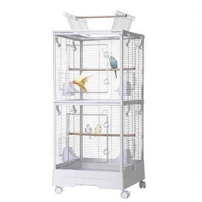 2-in-1 Travel Bird Cage & Playground Stand with 2-Level Parrot Carrier - 111.76cm White Portable Bird aviary for medium/small birds, Lockable Wheels, Removable Grid, Slide-Out Tray, Perches & Feeding Cups - Ideal for, Vet Vis