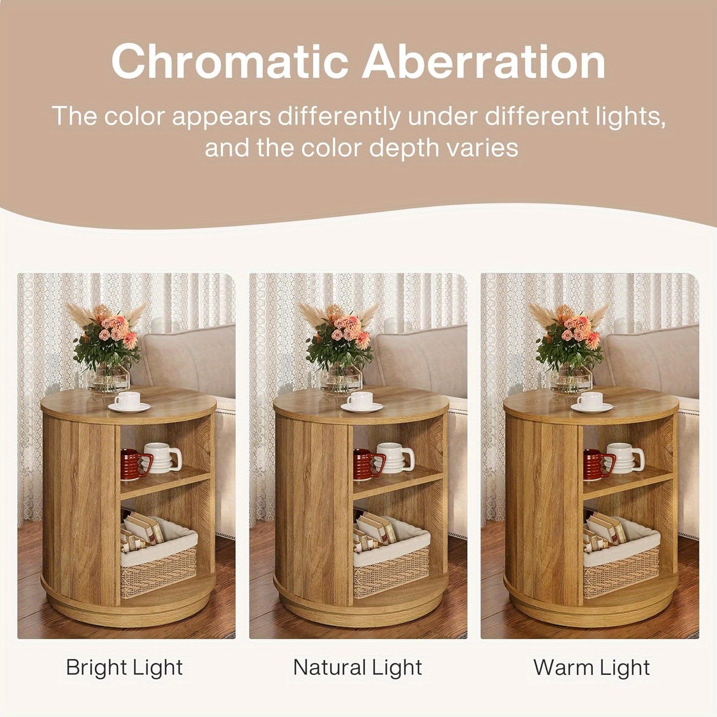 Nachtkastje – Bijzettafel – Opbergtafeltje – Bedtafel – Accenttafel – Ronde Vorm – 3 Opslagniveaus – Natuurlijke Houtlook – Compact & Stevig MDF