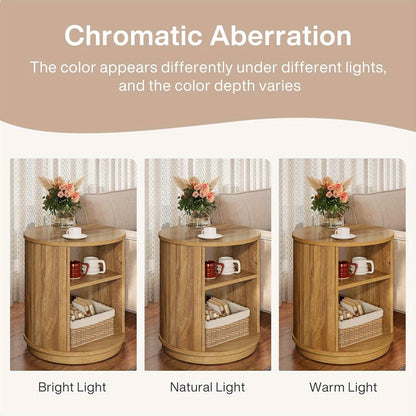 Nachtkastje – Bijzettafel – Opbergtafeltje – Bedtafel – Accenttafel – Ronde Vorm – 3 Opslagniveaus – Natuurlijke Houtlook – Compact & Stevig MDF