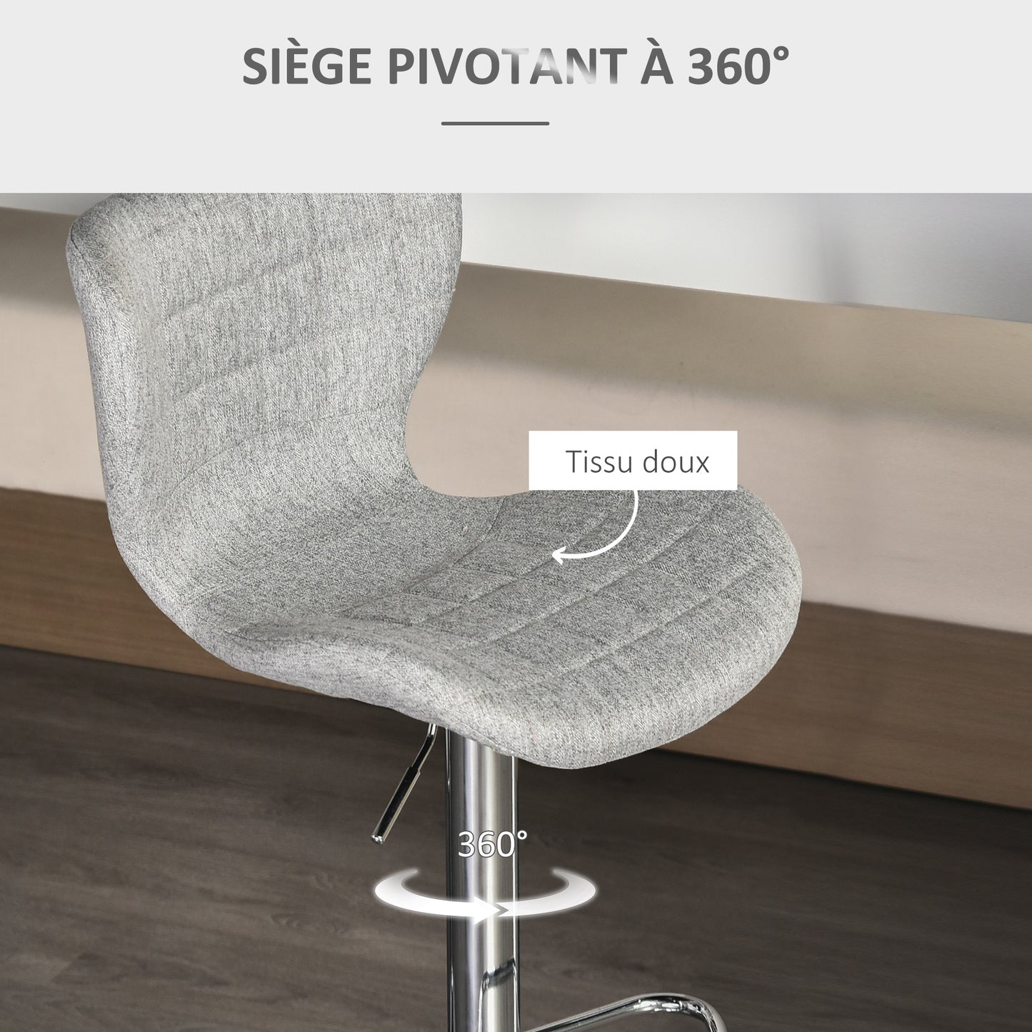 Barstoel – Barkruk – Keukenstoel – Verstelbare Kruk – Draaiende Barkruk – Set van 2 – Verstelbare Zithoogte 59-81 cm – 360° Draaibaar – Linnen Bekleding Grijs