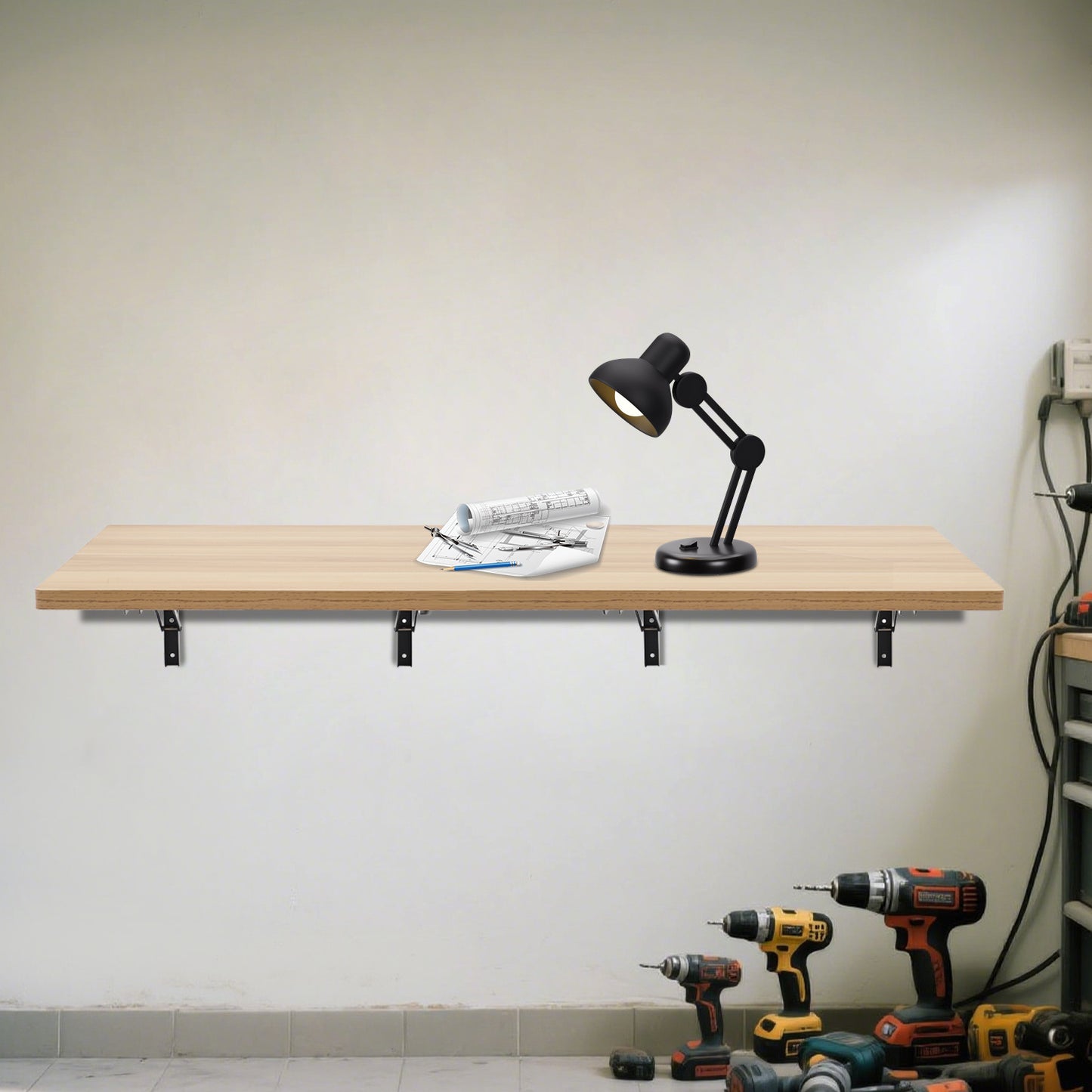2pcs Wall Mounted Foldable Workbench with Heavy-Duty Metal Frame & Wood-Like Surface - Space-Saving Foldable Design, 29.94 KG Capacity, 59.94cm Wide Work Surface, Adjustable Height, Easy Install for Workshop, Garage, Home Off