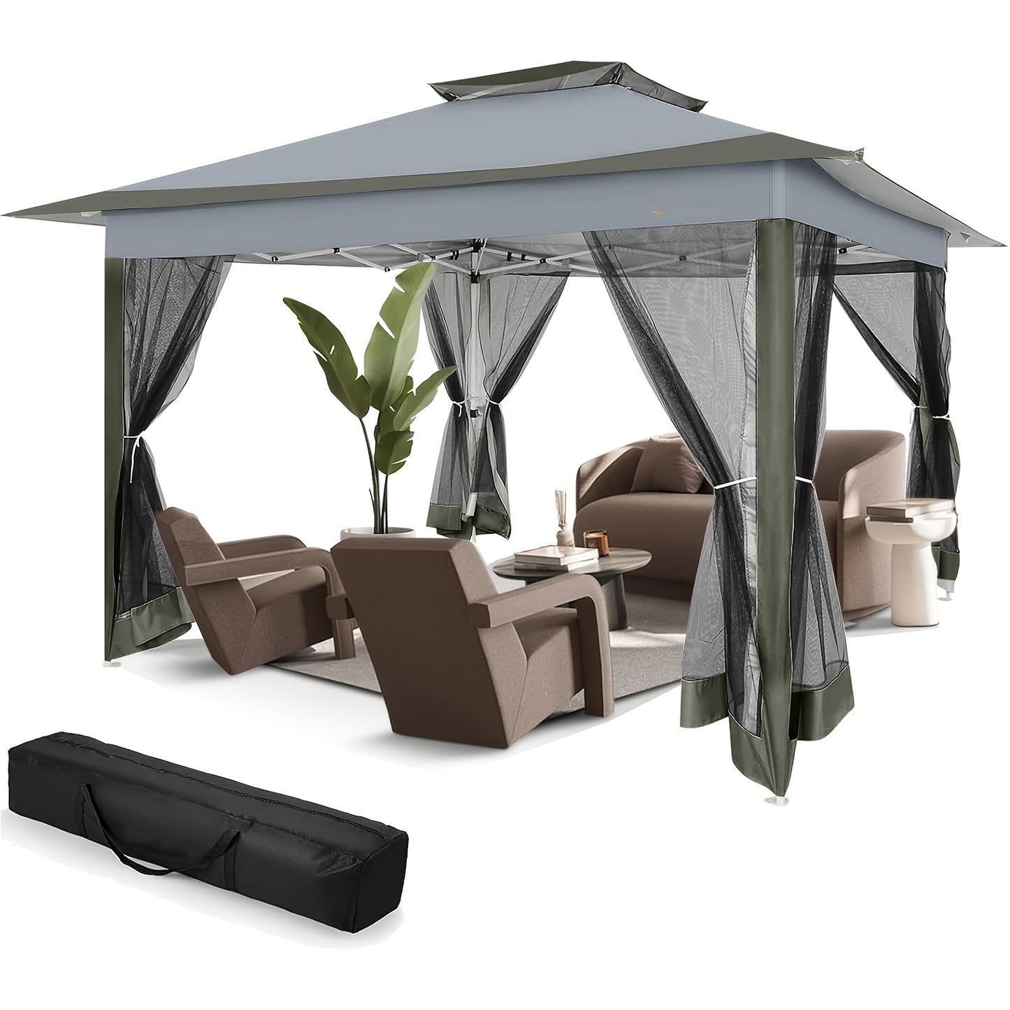 Pop-up Partytent – Paviljoen – Tuinkopje – Zonnescherm – Outdoor Tent – Automatisch Opvouwbaar – Geïntegreerd Muskietennet – Donkerbruin – 3,6x3,6 Meter – Waterafstotend Oxford Doek