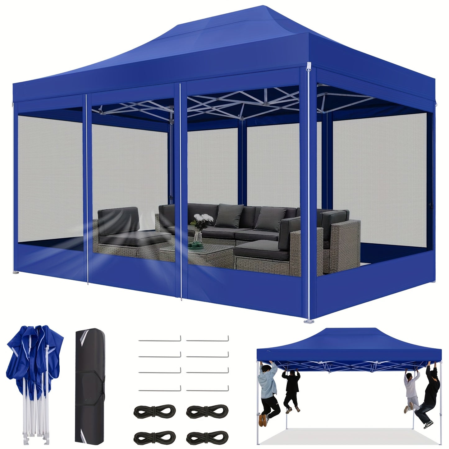 Partytent – Paviljoen – Feesttent – Tuintent – Opvouwbare Gazebo – 3x4,5 Meter – Met 4 Afneembare Mesh Zijwanden – Diepblauw
