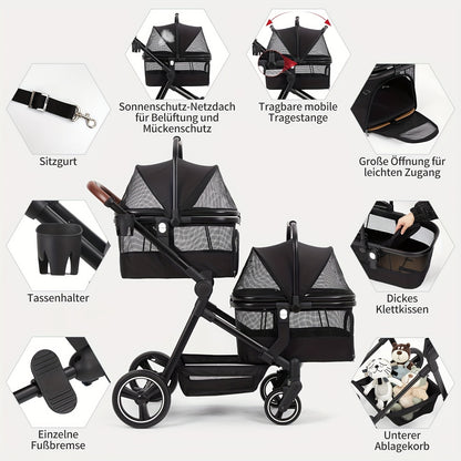 Dubbeldekker Dierenwagen – Hondenwagen – Dierenbuggy – Huisdierenwagen – Pet Stroller – Inklapbaar – Lichtgewicht Aluminium Frame – Waterafstotende Oxford Stof