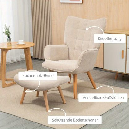 Fauteuil – Relaxfauteuil – Loungestoel – Zetel – Armstoel – Beige – Ademend Zacht Stof – Stevig Stalen Frame Met Houten Poten