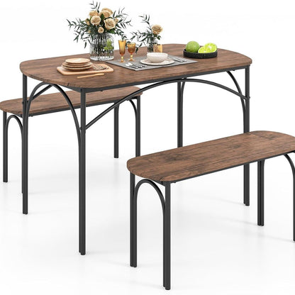 Eettafelset – Eethoek – Keukentafel – Tafel Met Banken – Industriële Tafelset – Vintage Bruin – Metalen Frame – Ruime Zitplaats Voor 4 Personen