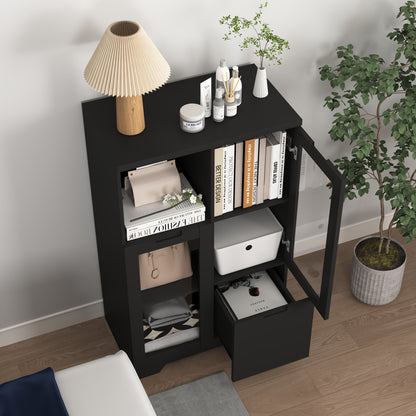 Modern Metal Sideboard Storage Cabinet with Glass Doors & Drawers - Black Freestanding Floor Cabinet, 68.58cm Height, Open & Closed Storage for Living Room, Bedroom, Dining Room, Cabinet Storage, Home Organization, Contempora