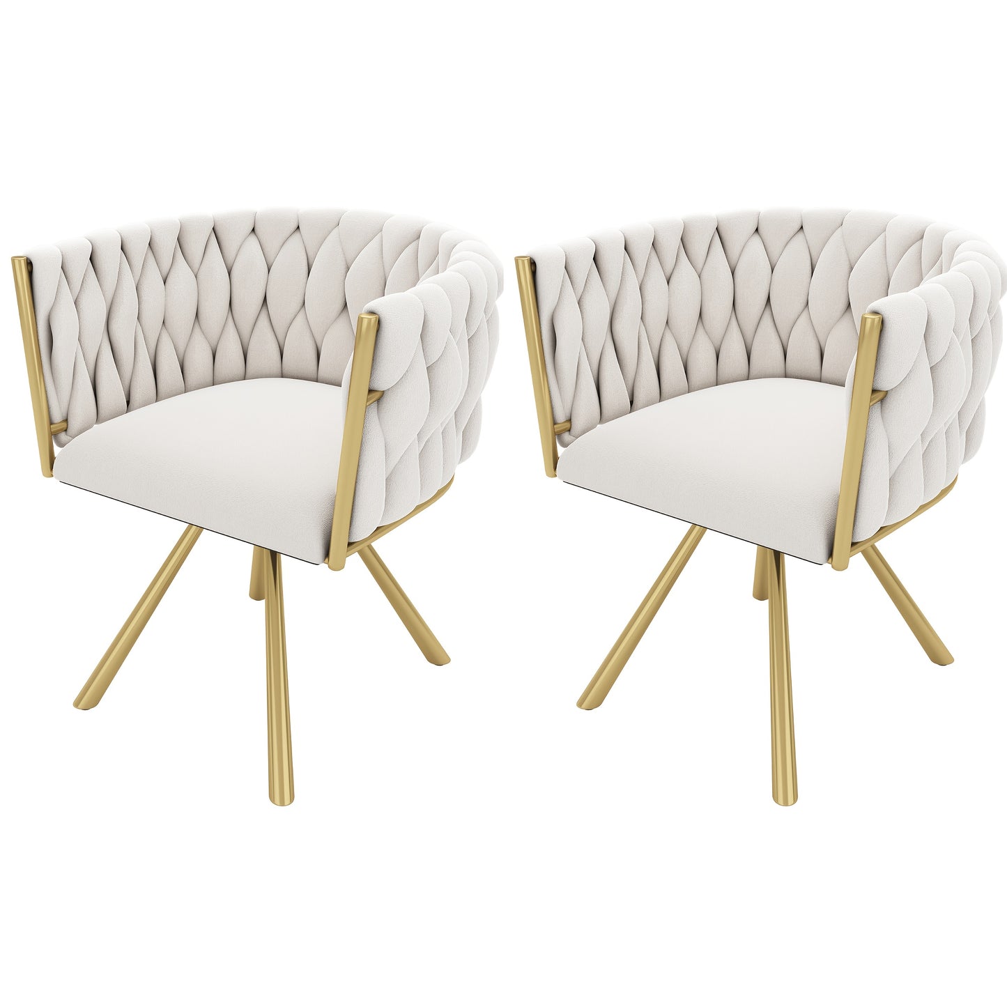 2pcs Beige & Golden Luxury Modern Swivel Dining Chair Set - White/Beige Velvet-Like Upholstery with Sturdy Metal Legs, Heavy-Duty 4-Legged Round Backrest Chairs for Living Room, Bedroom, Office (No Assembly Required)