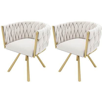 2pcs Beige & Golden Luxury Modern Swivel Dining Chair Set - White/Beige Velvet-Like Upholstery with Sturdy Metal Legs, Heavy-Duty 4-Legged Round Backrest Chairs for Living Room, Bedroom, Office (No Assembly Required)