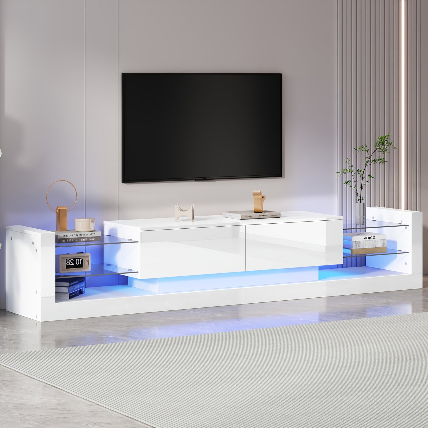 tv meubel – tv kast – tv dressoir – tv meubelen – media meubel – hoogglans wit – glazen front – 181 cm – geschikt voor tv tot 80 inch – twee klepdeuren – hout