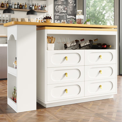 Modern White Extendable Bar Table with 360° Swivel & Storage Drawers - Adjustable Length 138-203cm, Space-Saving Metal Design with Golden-Toned Legs, Multi-Room Use for Kitchen, Living Room, Dining Room, Home Office - Easy A