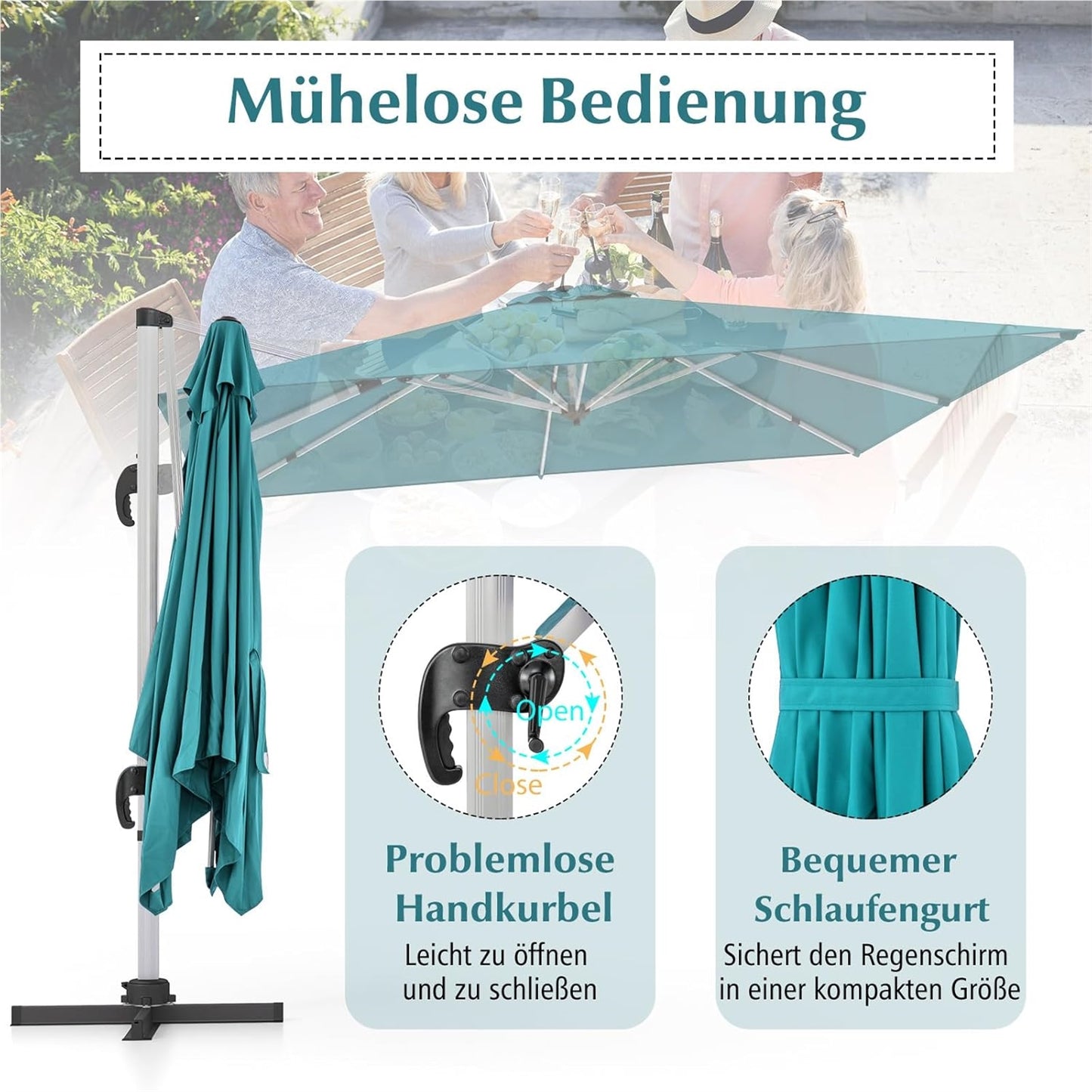 Vierkante Parasol – Tuinparasol – Terrasparasol – Balkonparasol – Marktparasol – 300x300 cm – 360° Draaibaar Met Kantelfunctie – Water- en UV-Bestendig Polyester Doek – Blauw
