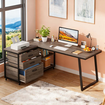 L-Shaped Corner Desk Suitable for Home Office - Reversible Computer Desk with 3-Drawer Storage & 2-Tier Shelves, Space-Saving Wide Workstation Table, Assembly, Engineered Wood