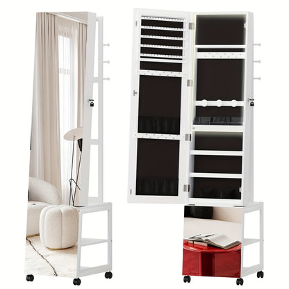 Sieradencabinet – Sieradendoos – Sieradenkast – Make-up Organizer – Opbergmeubel – Met Led-lichtbalken – Volledige Spiegel – Wit Zwart – Vergrendelbaar Met Wieltjes – Hoogwaardige MDF Uitvoering