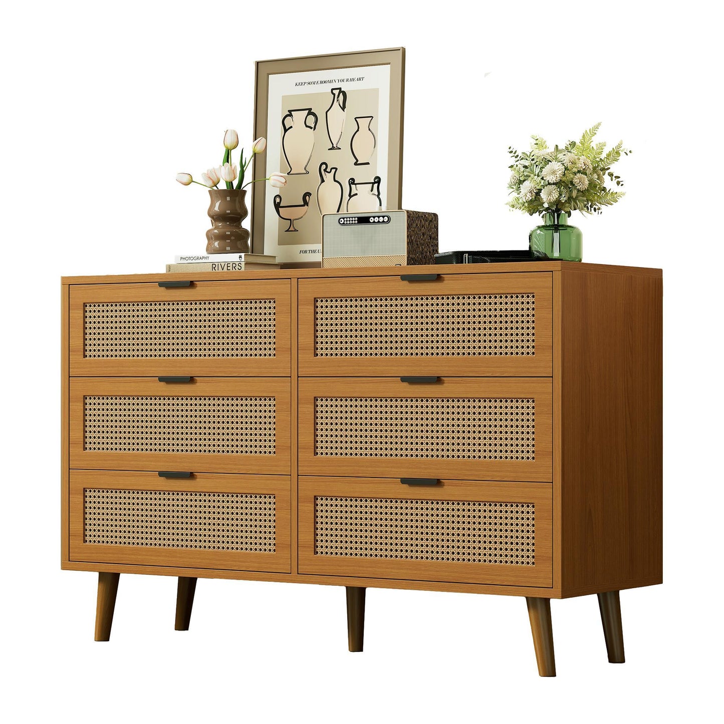 Ladekast – Ladenkast – Dressoir – Opbergkast – Kast – Walnootkleurige MDF Ladekast Met 6 Lades – Metalen Handgrepen – Massief Houten Poten – Retro Design – Geen Montage Nodig