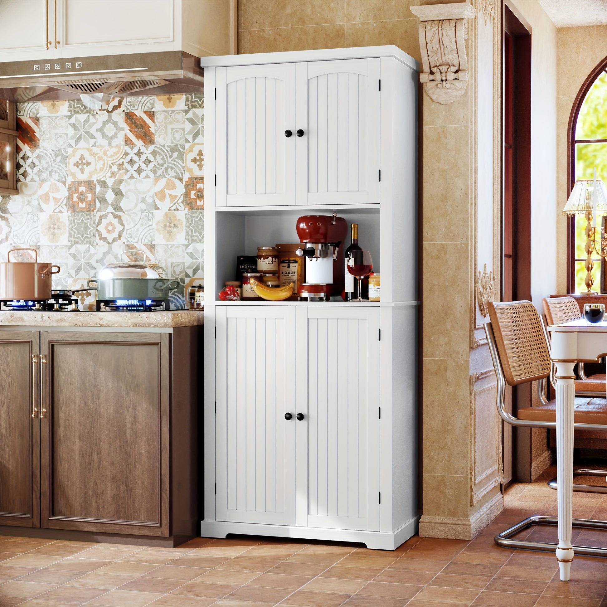 Keukenkast – Voorraadkast – Opbergkast – Hoge Kast – Buffetkast – Met Werkblad – 7 Planken – Wit Houtfiberplaat - QUORE