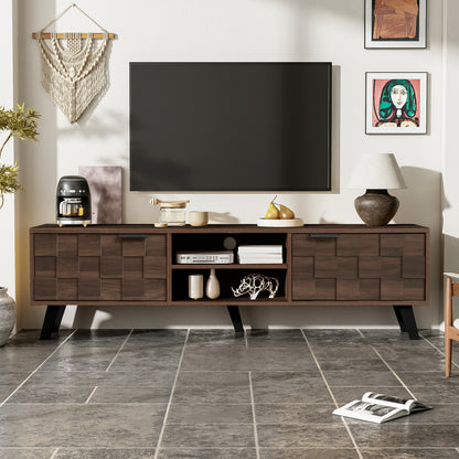 Modern TV Stand with Double Doors & Shelves - Dark Wood Grain Metal Frame, Assembly, Space-Saving, Open/Shelf Storage Suitable for, Apartment, Dorm - 160.5 x 35.5 x 45cm