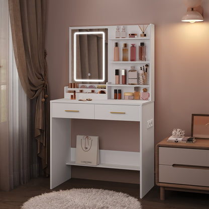 Kaptafel – Make-uptafel – Cosmeticatafel – Vanity – Opmaaktafel – LED Verlichting – 2 Lades & 2 USB Stopcontacten – Wit – 80x40x140 cm – Houtvezelplaat
