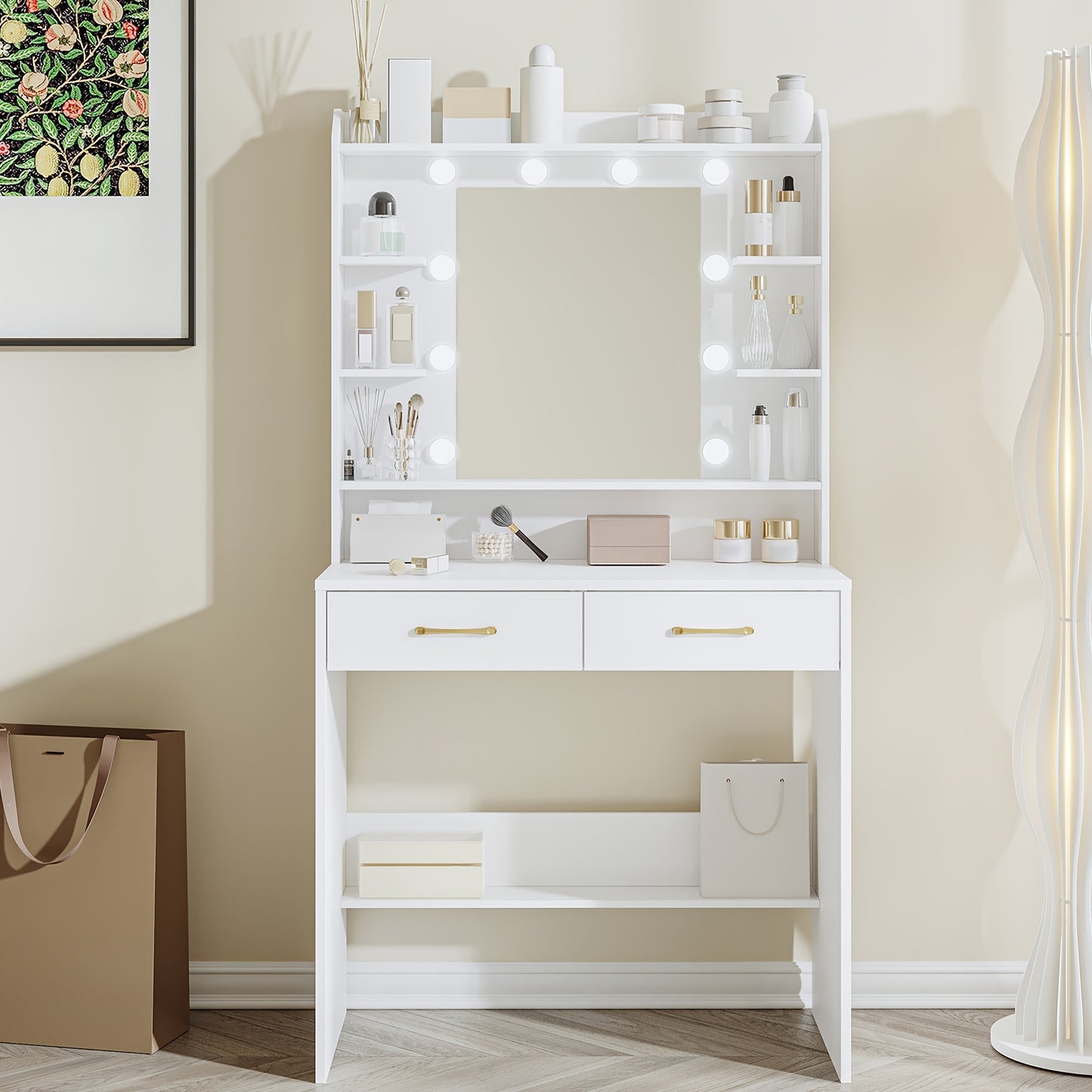 Dressing Table with Mirror And LED Light, Accessory Storage, Adjustable Brightness, Dressing Table with Shelves And 2 Drawers, Jewelry Cabinet, for Bedroom, Living Room, 40 X 80 X 149cm, White - QUORE
