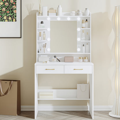 Dressing Table with Mirror And LED Light, Accessory Storage, Adjustable Brightness, Dressing Table with Shelves And 2 Drawers, Jewelry Cabinet, for Bedroom, Living Room, 40 X 80 X 149cm, White - QUORE