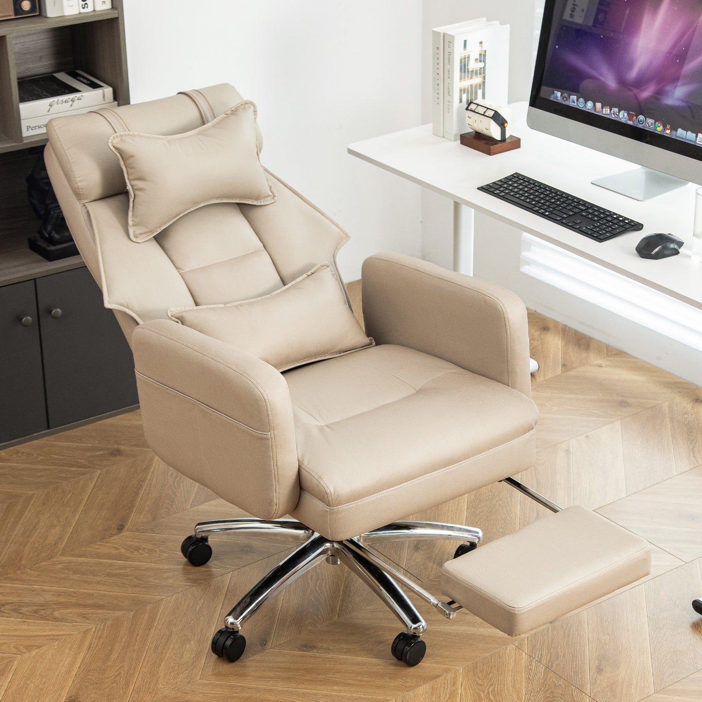 Ergonomische Bureaustoel – Kantoorlijststoel – Werkstoel – Directiestoel – Draaistoel – Licht Beige – Verstelbare Hoofdsteun – 155° Verstelbare Rugleuning