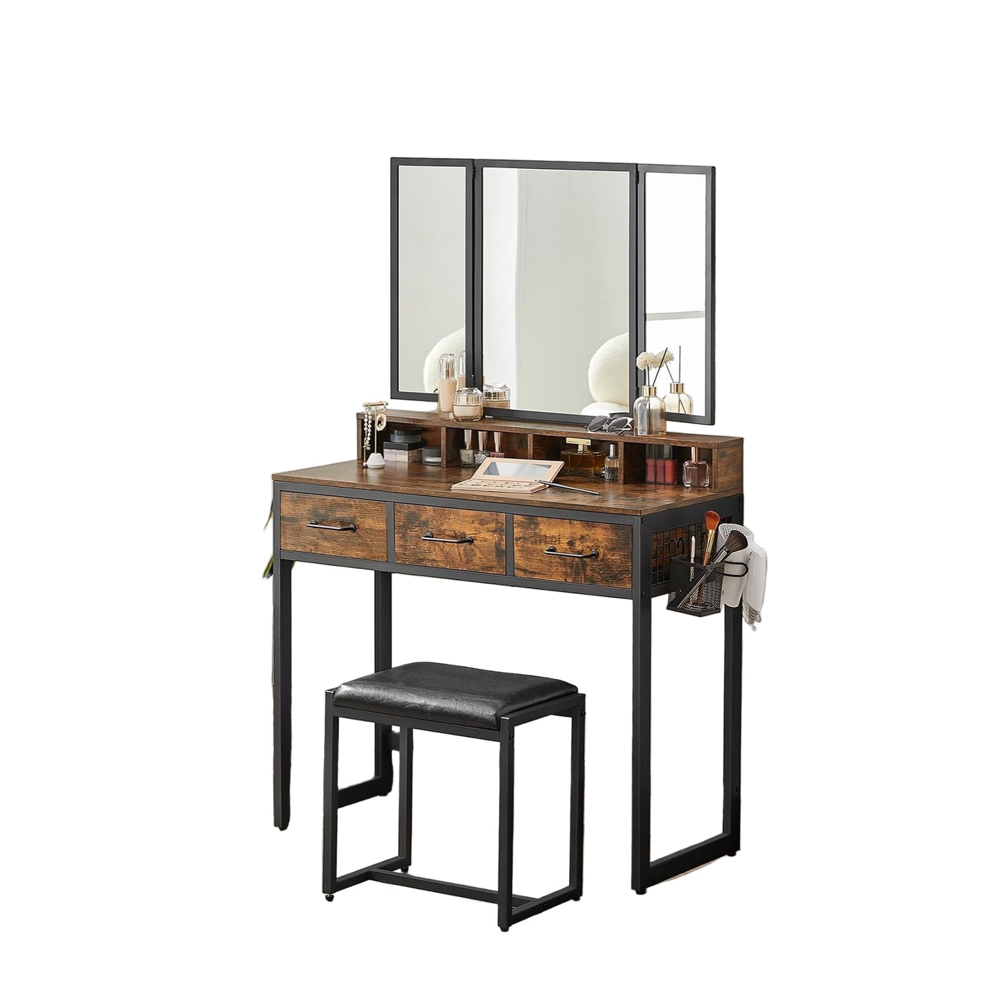 Kaptafel – Make-uptafel – Toiletmeubel – Schminktafel – Industrieel – 3 Ruime Lades – Draaibare Spiegel – Vintage Bruin-Zwart