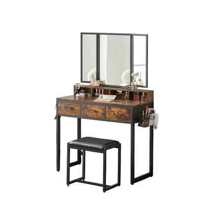 Kaptafel – Make-uptafel – Toiletmeubel – Schminktafel – Industrieel – 3 Ruime Lades – Draaibare Spiegel – Vintage Bruin-Zwart