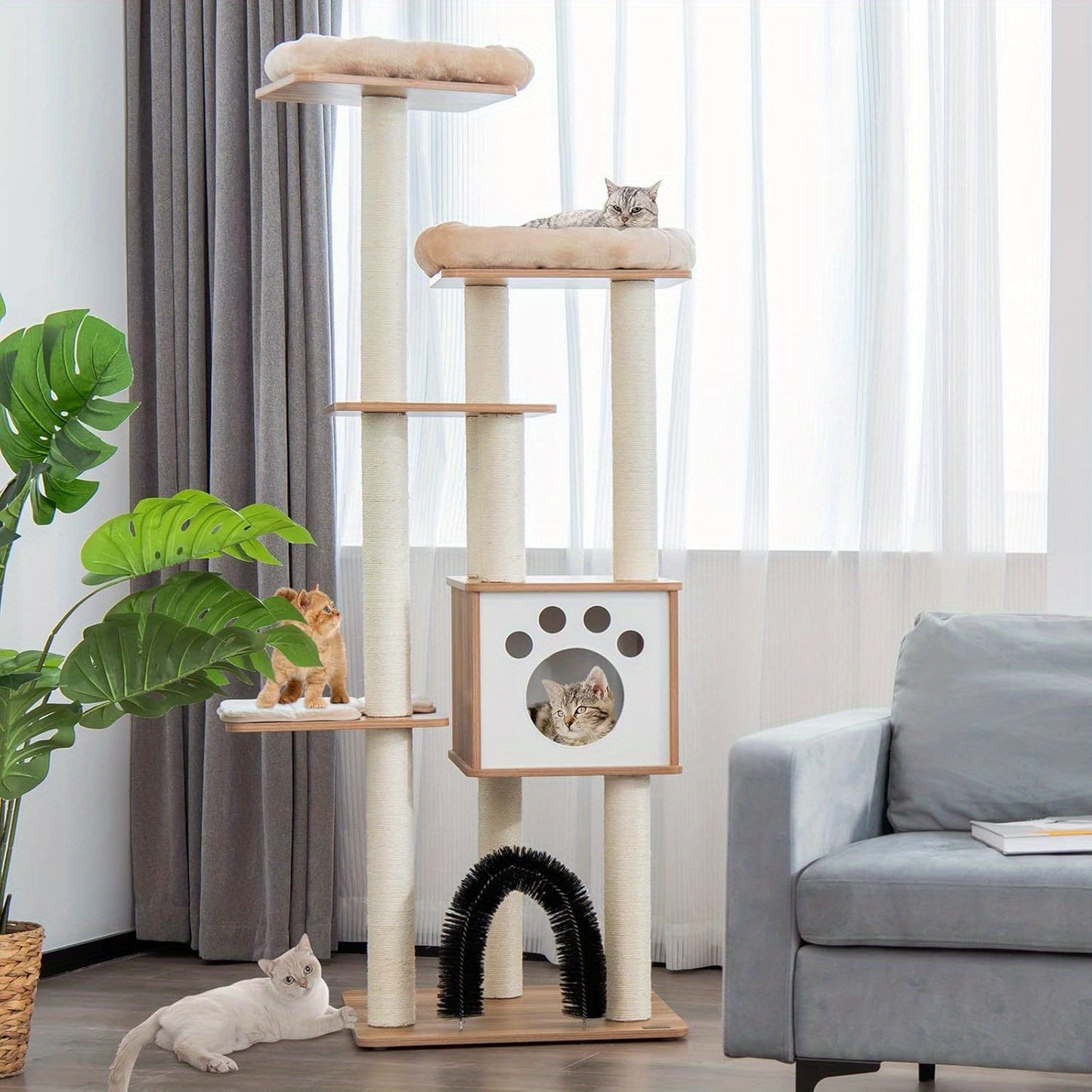 Krabpaal – Kattenboom – Kattenhuis – Krabmeubel – Kattentoren – 176 cm Hoog – Stevig Hout Met Zachte Kussens En Kattenhol