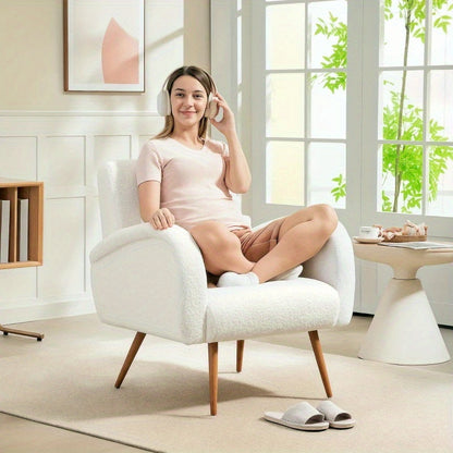 Living Room Armchair, Recliner, Fleece Cover, Armchair with Lumbar Cushion, Reading Armchair, Upholstered Seat for Living Room And Bedroom, Modern Armchair with High Backrest, Balcony, Fabric And Wooden Slats, Load Capacity U