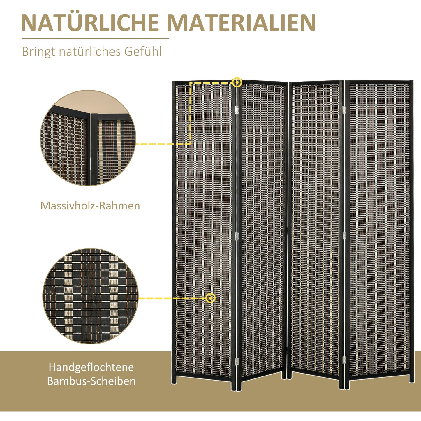 Kamerverdeler – Ruimteverdeler – Scheidingswand – Scherm – Opvouwbaar – Bruin – Duurzaam Dennenhout & Bamboe – 180 x 180 cm – Eenvoudig Opbergen