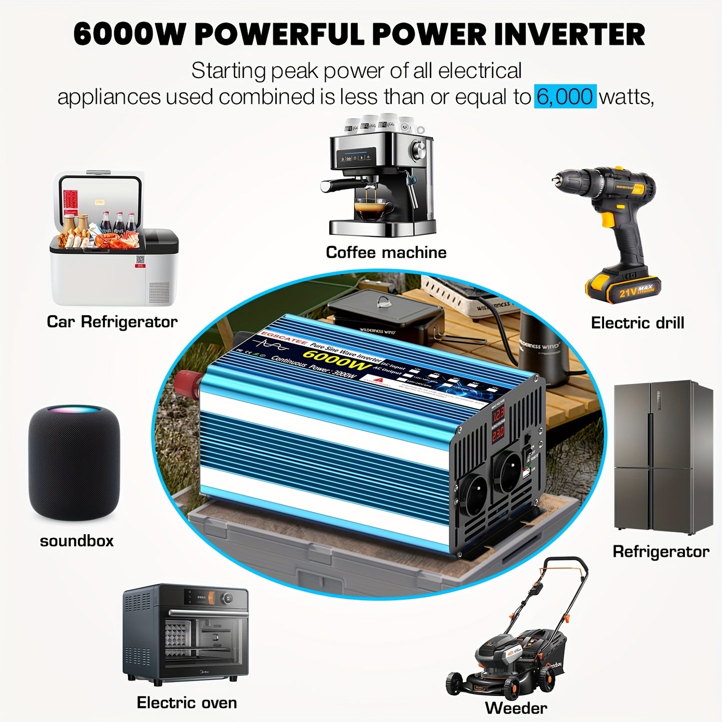3000W Pure Sinus Omvormer – Stroomomvormer – Spanning Converter – DC Naar AC Omzetter – Camping Accu Omvormer – 6000W Piekvermogen – LCD Display & Afstandsbediening – Blauw