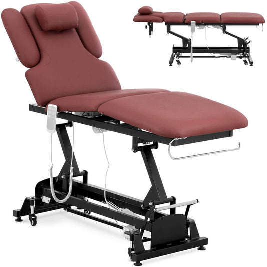 Massagetafel – Behandelbank – Massagebed – Behandeltafel – Massagebank – Elektrisch verstelbaar – Max Draagvermogen 250 KG – 3 Motoren – Luxe bordeaux kunstleer