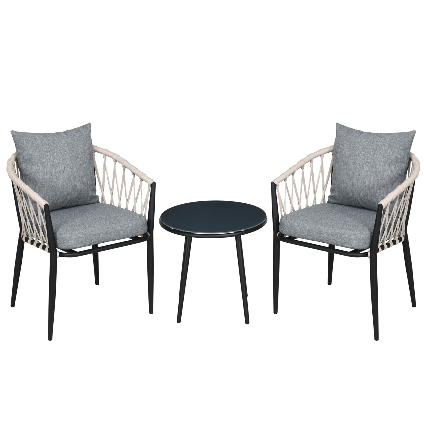 Tuinset – Bistroset – Balkonset – 2-Persoons Zitgroep – Loungeset – 2 Fauteuils Met Kussens – Rond Tafeltje Met Geharde Glasplaat – Weerbestendig Metalen Frame – Compact Ontwerp