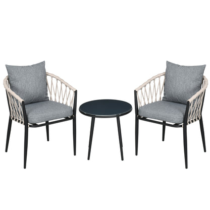 Tuinset – Bistroset – Balkonset – 2-Persoons Zitgroep – Loungeset – 2 Fauteuils Met Kussens – Rond Tafeltje Met Geharde Glasplaat – Weerbestendig Metalen Frame – Compact Ontwerp