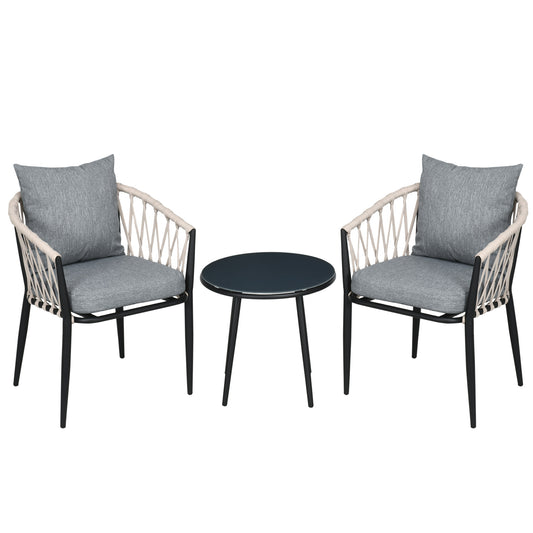 Tuinset – Bistroset – Balkonset – 2-Persoons Zitgroep – Loungeset – 2 Fauteuils Met Kussens – Rond Tafeltje Met Geharde Glasplaat – Weerbestendig Metalen Frame – Compact Ontwerp