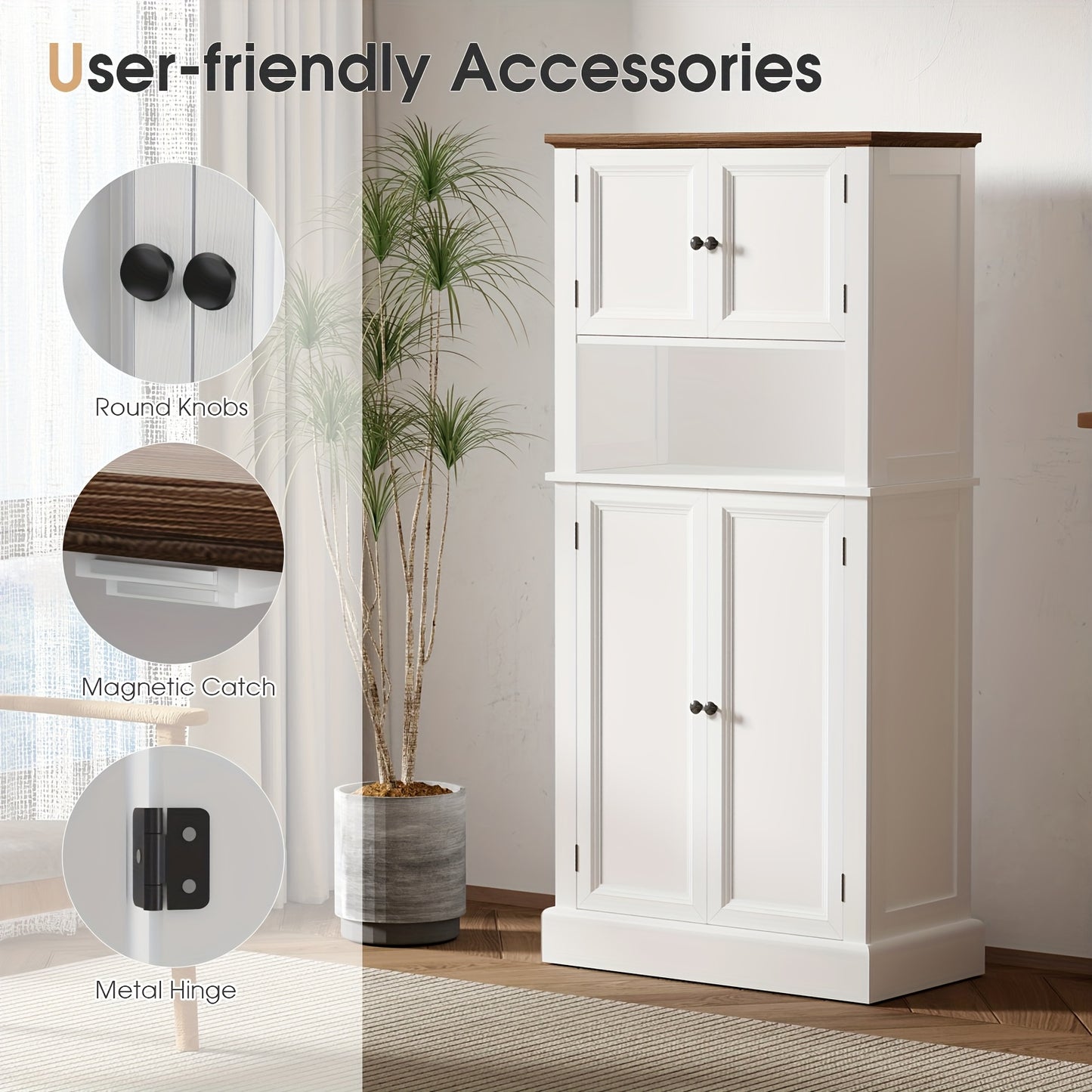 Hoge Bergkast Keukenkast – Opbergkast – Voorraadkast – Keukenkastje – Kast Met Blad – 128 cm Hoog – 4 Deuren Met Werkblad – Wit Met Tigerstripe Design