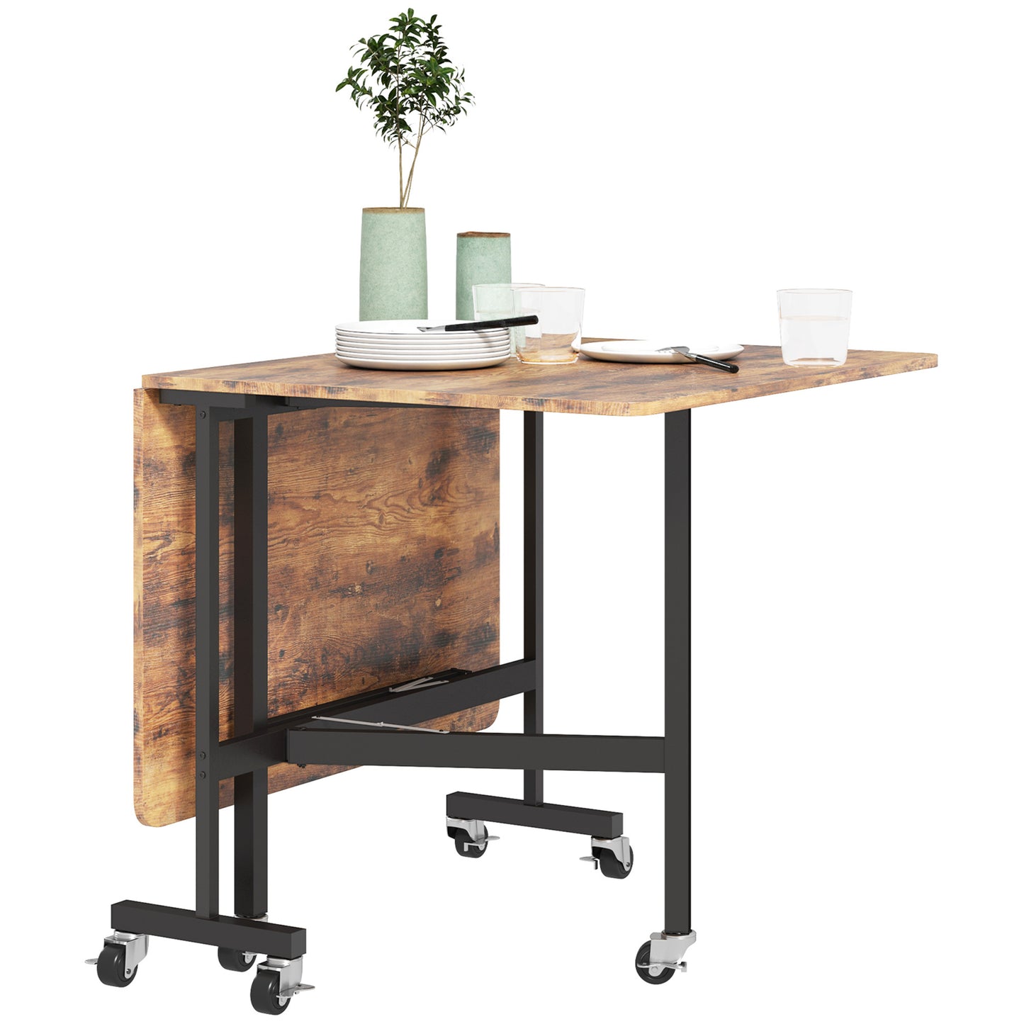 Klaptafel – Uitschuifbare Eettafel – Vouwtafel – Campingtafel – Kampeermeubel – Met 6 Wieltjes en Remmen – Geschikt Voor 6 Personen – Compact Bruin MDF & Staal
