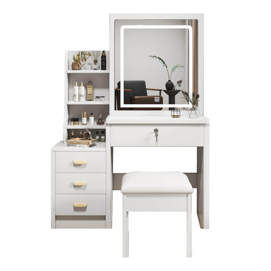 Make-up Tafel – Kaptafel – Schminktafel – Vanity Tafel – Make-up Bureau – Met Spiegel en Zacht Krukje – Metalen Frame – Wit – 85x130x36 cm