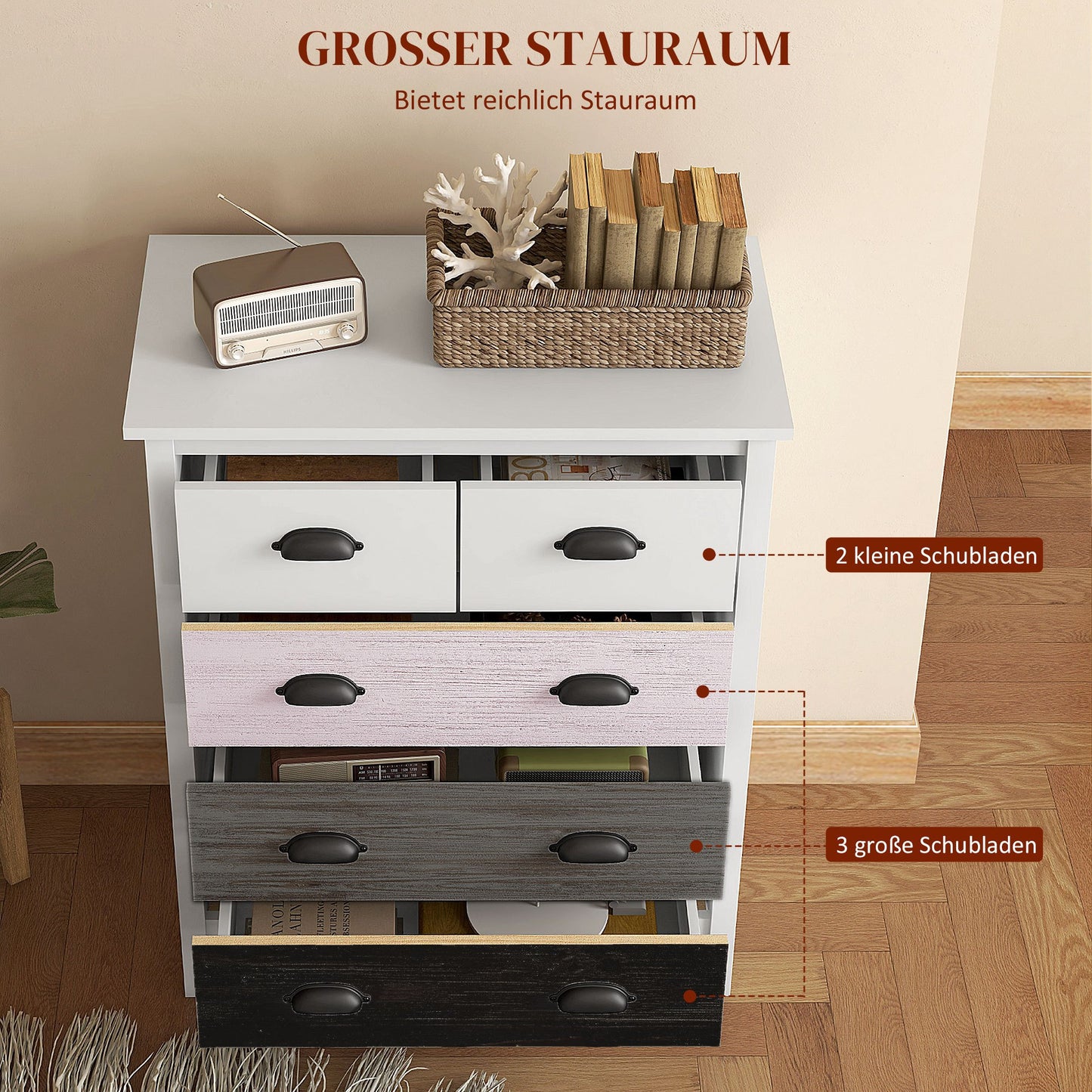 Ladekast – Dressoir – Kast – Opbergkast – Commode – Wit – 5 Lades – MDF En Dennenhout – Compact Formaat 70x38x85 cm
