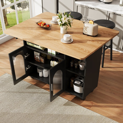 Modern Black Kitchen Island with Demountable Trolley - Heavy-Duty Metal Frame, White/Black Countertop, Multifunctional Mobile Cart, & Dining Table, Space-Saving Design for Small Kitchens, Easy Assembly (No Wood)
