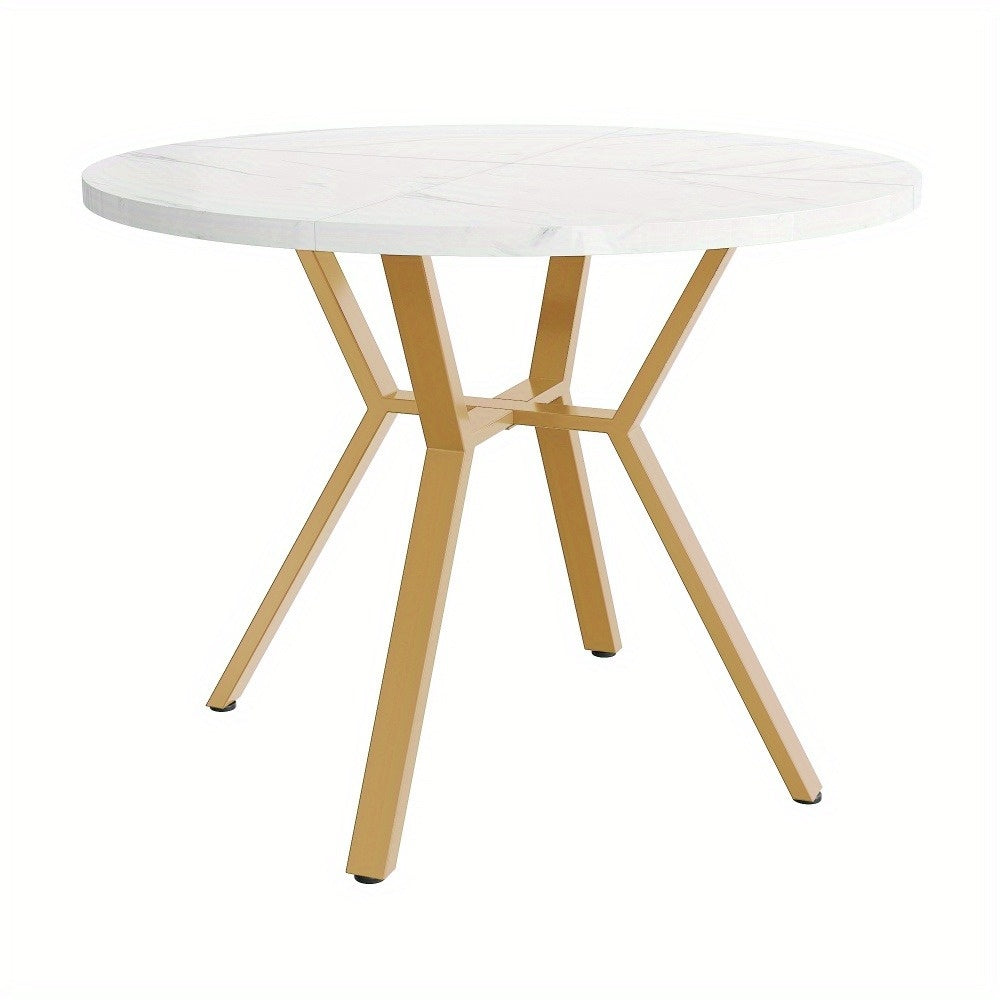 Eettafel – Dinertafel – Keukentafel – Ronde Tafel – Tafeltje – 1 Meter Diameter – Wit-Grijs Marmeren Blad – Stevige Metalen Poten