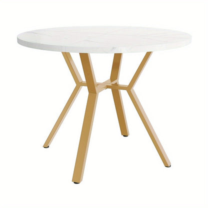 Eettafel – Dinertafel – Keukentafel – Ronde Tafel – Tafeltje – 1 Meter Diameter – Wit-Grijs Marmeren Blad – Stevige Metalen Poten