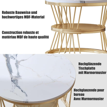Ronde Koffietafel – Bijzettafel – Salontafel – Tafeltje – Set Van 2 – Gouden Metalen Frame – Wit Marmerlook Tafelblad 70x70x45 cm