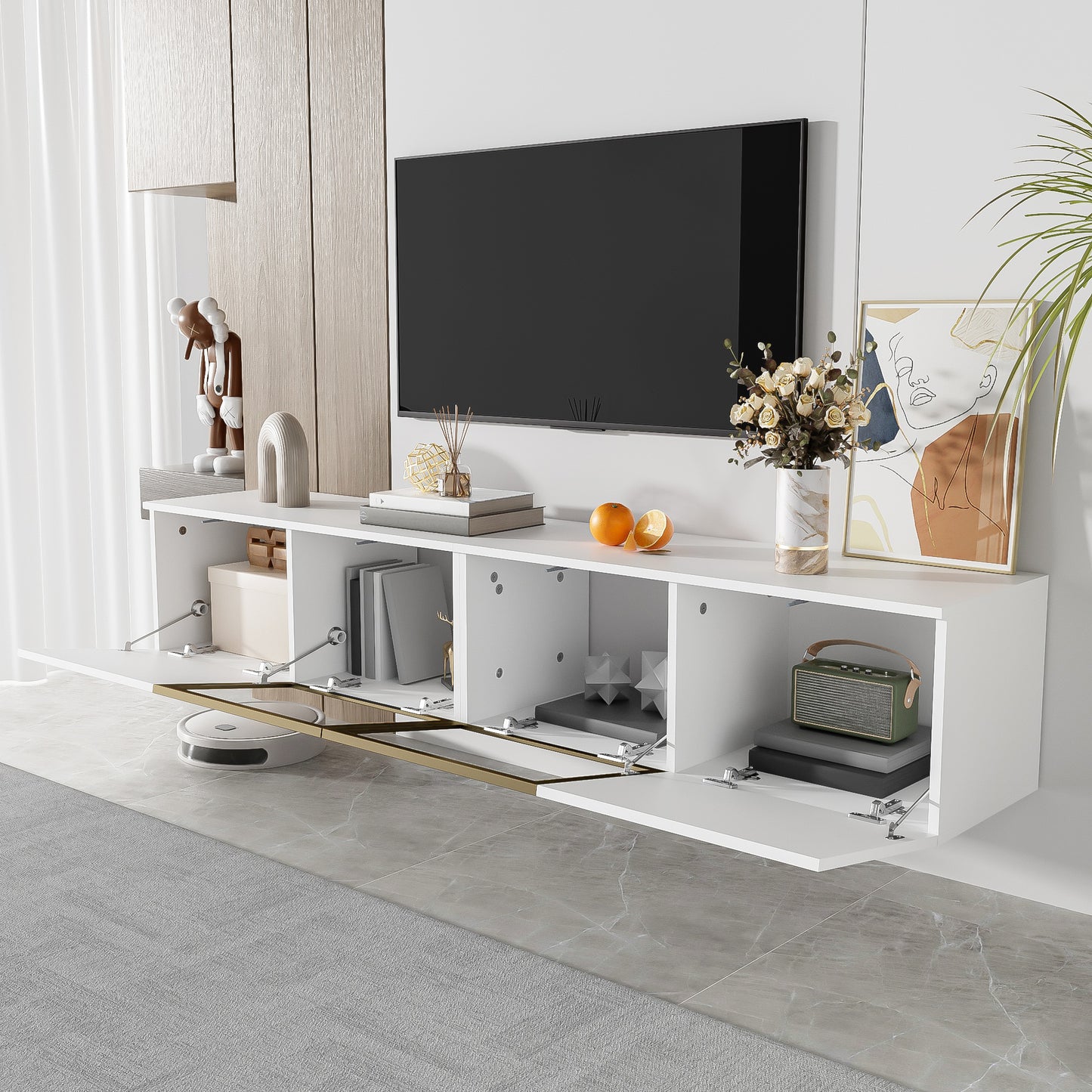 170 cm TV Cabinet – White Minimalist Style, Standing and Wall Mounting, 4 Doors (2 Glass Doors), Versatile Mounting Options, Perfect for Living Room