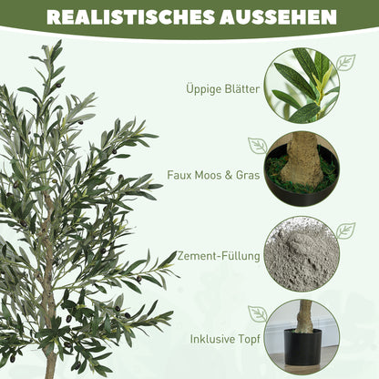 Kunstolijfboom – Kunstplant – Nepplant – Decoratieplant – Buitenplant – 180 cm Hoog – 900 Bladeren & 40 Olijven
